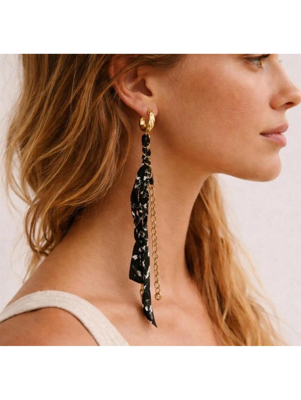Free People Black Floral Fabric and Gold Chain Long Earrings NWT